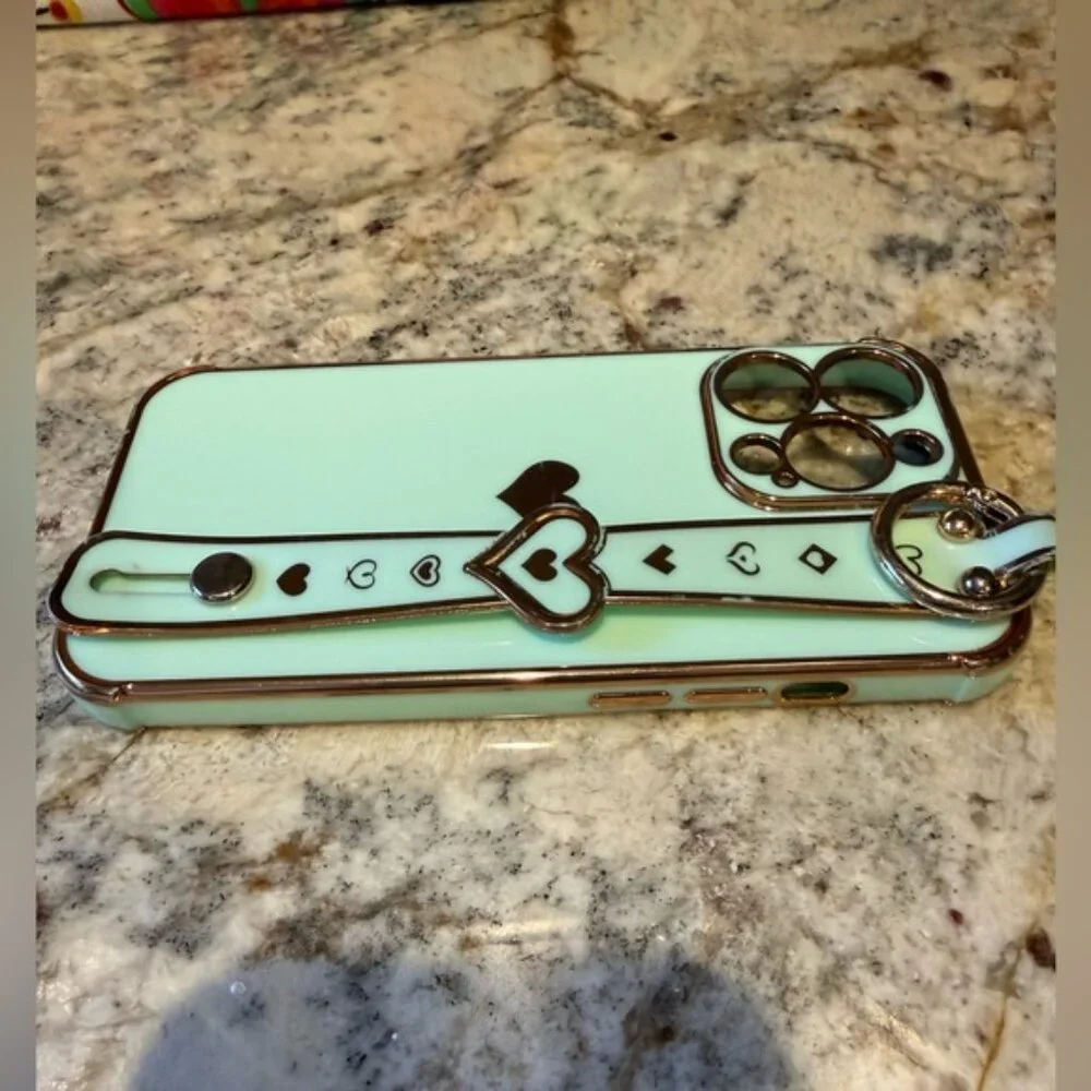 iPhone 13 Pro Mint Green & Gold Heart Phone Case with stand and ring attachments - Picture 8 of 9
